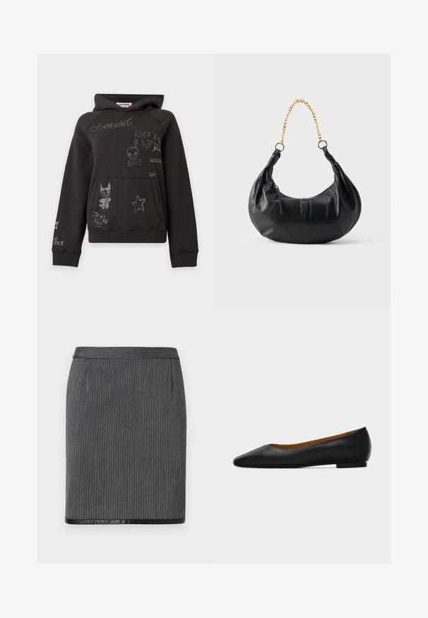 Sweat à capuche noir avec poche avant, décoré de gribouillis blancs et de texte comprenant un cœur, un crâne, une étoile et un chien de dessin animé.; Jupe crayon grise à côtes avec un ourlet noir lisse. Présente un design ajusté et une taille standard. La texture est tissée et sophistiquée.; Chaussure plate en cuir noir à bout pointu avec talon bas et finition lisse, vue de côté sur un fond gris clair.; Sac à main en cuir noir en forme de croissant avec une lanière chaîne en or et une fermeture éclair latérale.