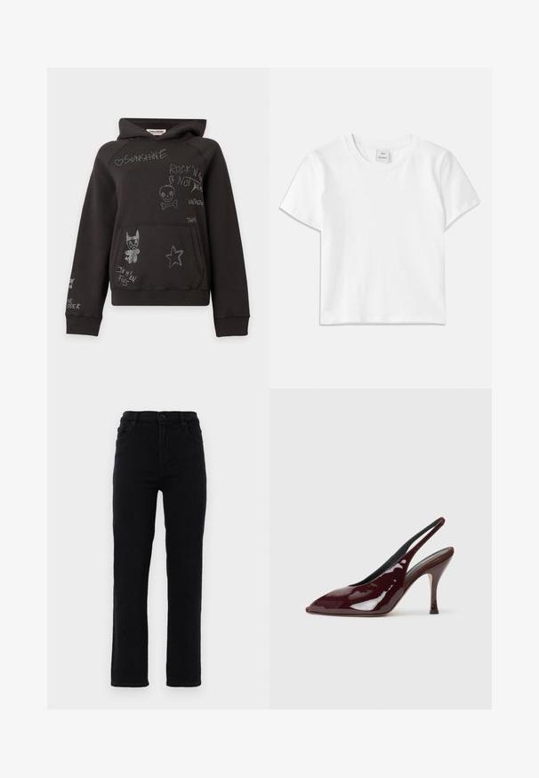 Sweat à capuche noir avec poche avant, décoré de gribouillis blancs et de texte comprenant un cœur, un crâne, une étoile et un chien de dessin animé.; T-shirt en coton blanc avec un col rond, des manches courtes et un ourlet droit. Étiquette marquée "Won Hundred" au centre de l'encolure.; Jeans en denim noir avec des jambes droites, une taille mi-haute et cinq poches. Comprend une fermeture à bouton à l'avant et des passants de ceinture.; NEOUS HAMAL - Escarpins à talons hauts - dark chocolate