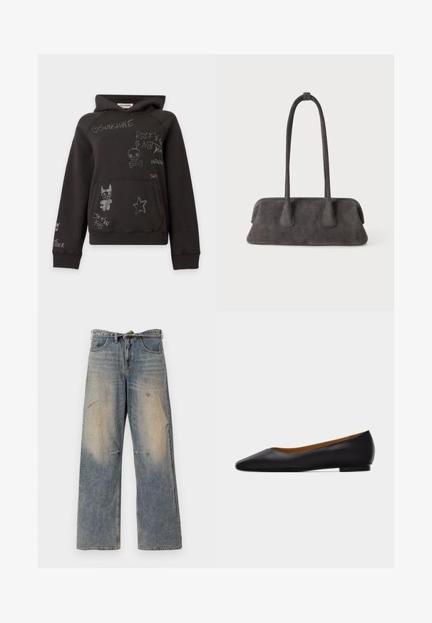 Sort hættetrøje med en frontlomme, dekoreret med hvide kruseduller og tekst, herunder et hjerte, en kranium, en stjerne og en tegneseriehund.; Lysblå denimjeans med et løst, lige ben-design. Har slidte, falmede og beskadigede detaljer nær knæene. Klassisk fem-lomme stil.; Sort læder flad sko med spids tå, lav hæl og glat finish, vist fra siden på en lysegrå baggrund.; Mørkegrå ruskindshåndtaske med bred rektangulær bund og to lange, tynde skulderremme på en ensfarvet baggrund.