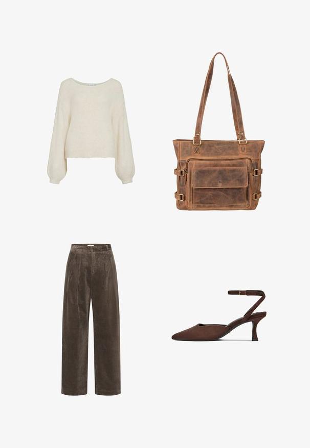 Jersey de color crema, corto, con un ajuste holgado, mangas largas y anchas, y una textura suave y peluda. Presenta un escote amplio y redondeado.; Pantalones de pana marrón de pierna ancha con pliegues, que presentan una textura suave y una cintura de altura media. Los acabados del dobladillo son limpios y rectos.; Zapato de ante marrón con puntera puntiaguda, tacón curvo de 5 cm y tira ajustable en el tobillo con hebilla dorada.; Bolsa de tote de cuero marrón con una textura suave, doble asa para el hombro, bolsillo con cremallera frontal y detalles metálicos en los laterales.