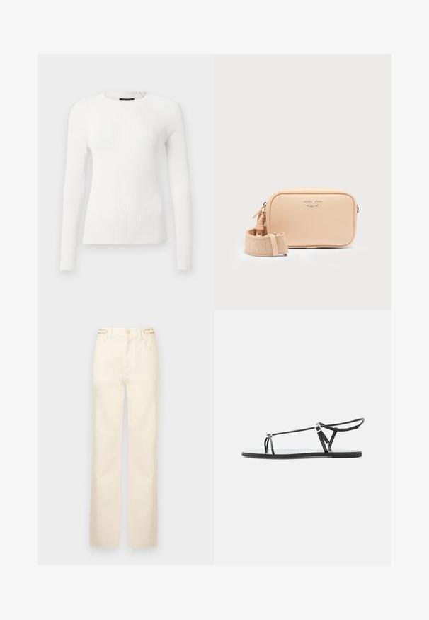 Top blanco de manga larga con canalé y cuello redondo, que presenta una forma ajustada y un patrón texturizado, enfatizando la comodidad y la estructura.; Rabanne Vaqueros rectos - off white denim; Sandalia plana negra con tiras finas, una lazada para el dedo y una hebilla ajustable en el tobillo sobre un fondo gris claro.; Bolso bandolera rectangular beige de cuero con cremallera plateada, correa ancha de tela con marca y logo "Emporio Armani Milano 1981" en el frente.