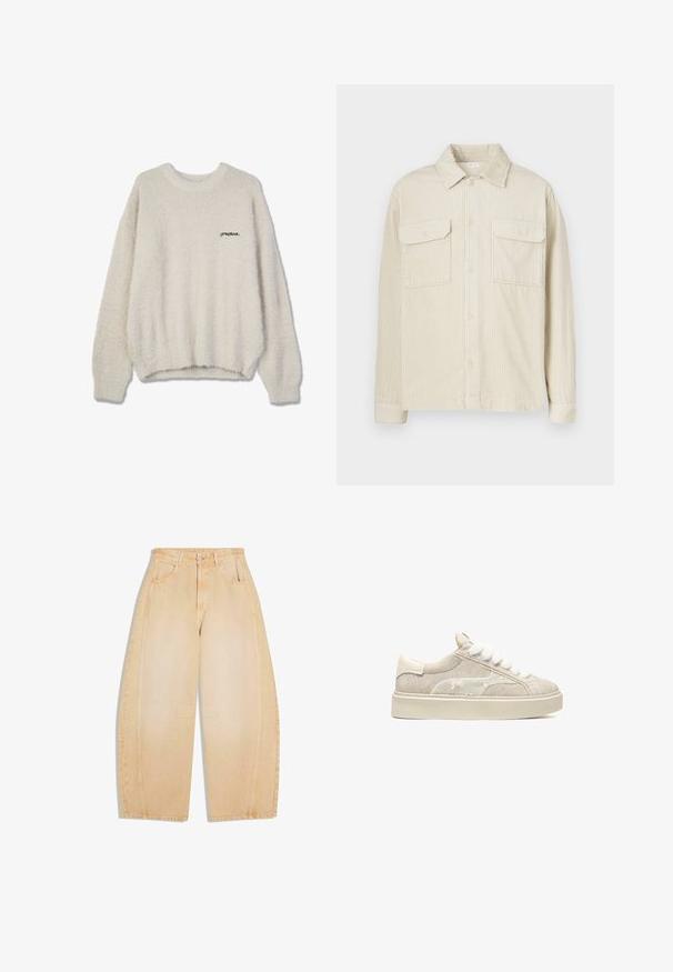 Pull en crème flou avec un col rond, des épaules tombantes et un ourlet côtelé. Présente un petit texte brodé en noir sur la poitrine.; Chemise en velours côtelé beige à manches longues, dotée de deux poches poitrine et d'une fermeture à boutons. Elle présente un col classique et un motif côtelé vertical texturé.; Jean beige à jambes larges avec poches avant et arrière, passants de ceinture, fermeture par boutons et détails de coutures aux genoux et sur les côtés.; Baskets en daim beige avec tige texturée, lacets blancs pelucheux et semelle en caoutchouc crème contrastante. Design simple avec peu de détails matériels.