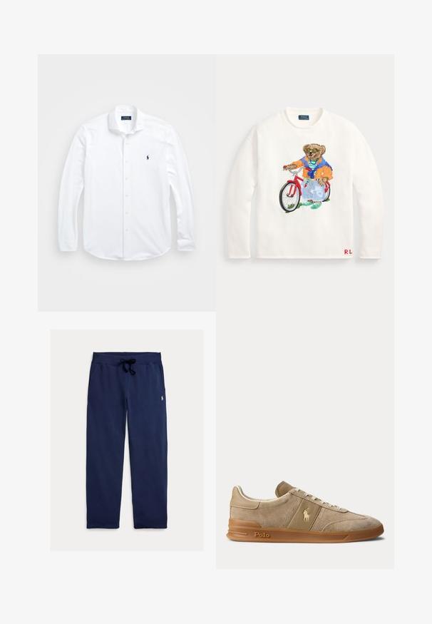 Witte trui met lange mouwen met een kleurrijke beer die een zonnebril en casual kleding draagt, staand met een rode fiets aan de voorkant.; Witte lange mouwen knoopshirt van katoen. Heeft een klassieke kraag, normale pasvorm en een klein marineblauw logo op de borst.; Navyblauwe joggingbroek gemaakt van zacht katoen, met een tailleband met trekkoord en een klein logo op het bovenste gedeelte van het linkerbeen. Gladde textuur, rechte pijp.; Beige suède en leren lage sneaker met gumzool, witte veters en Polo-logo op de zijkant en zool.