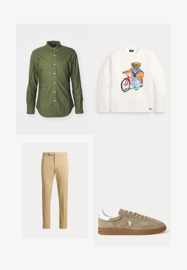 Weißer Langarmpullover mit einem bunten Bären, der eine Sonnenbrille und legere Kleidung trägt und vorne mit einem roten Fahrrad steht.; Olivgrünes Button-up-Hemd aus Baumwollstoff, mit klassischem Kragen, langen Ärmeln und einem gestickten Logo in Orange auf der Brust.; Beige schmal geschnittene Hose mit Bügelfalte vorne, Gürtelschlaufen und verdecktem Frontverschluss auf schlichtem hellem Hintergrund.; Beiger Wildleder-Sneaker in niedrigem Schnitt mit brauner Sohle, weißem Fersendetail, Schnürsenkeln und weißem, seitlich gesticktem Polo-Spieler-Logo.