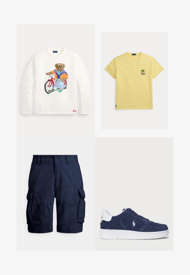 Hvid langærmet sweater med en farverig bjørn iført solbriller og afslappet tøj, stående med en rød cykel foran.; Gul kortærmet t-shirt med rund hals og brystlomme med tropisk motiv af en palme, sol, blomster og ordet "Polo".; Mørkeblå cargoshorts lavet af slidstærkt stof, med sidelommer, knaplukning og syddetaljer for tekstur.; Marineblå ruskindsneaker med hvide accenter og tekstureret overflade. Har en hvid logo på siden, snørelukning og gummisål.