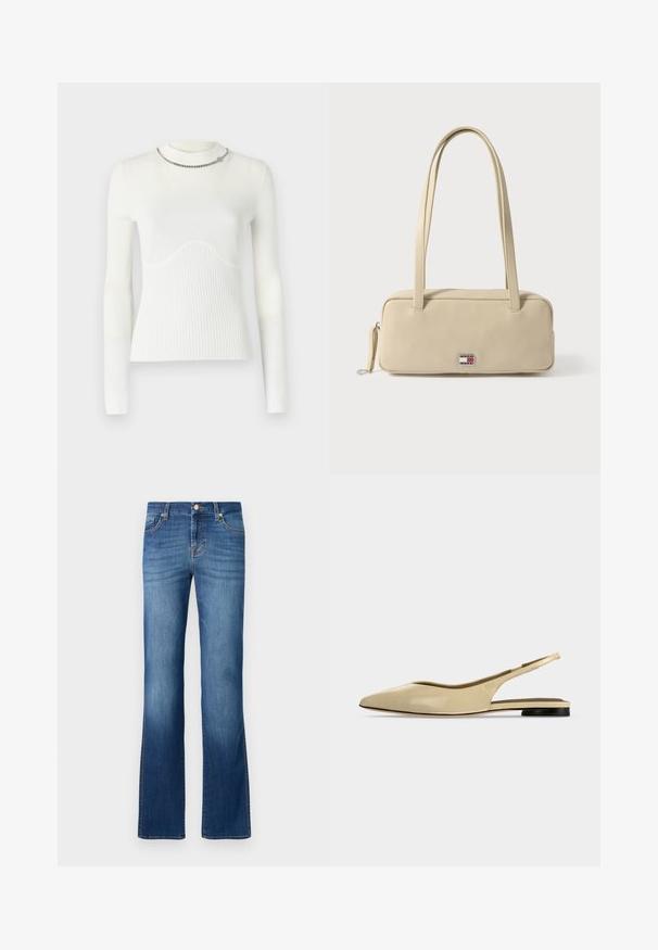 Hvid langærmet sweater med ribbet tekstur, har et bølgemønster på brystet og en sølvkæde detalje ved halsen.; Blå denim flared jeans med et klassisk fem-lomme design, der har en falmet vask, guldtråde og en knaplukning i taljen.; Beige spids tå slingback flad sko med lav sort hæl og en glat læderfinish, vist fra siden på en ensfarvet baggrund.; Beige rektangulær håndtaske lavet af glat materiale med to håndtag, en lynlåslukning og et metal-logo med mærketryk på forsiden.