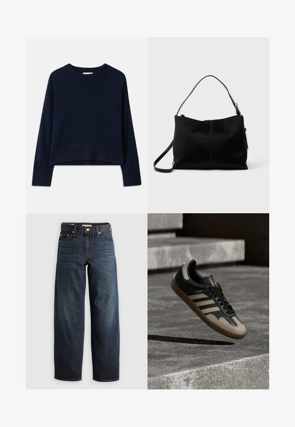 Suéter corto de color azul marino, confeccionado en suave tejido de punto, con cuello y puños acanalados, ajuste relajado y mangas largas.; Jeans oscuros de denim, con un diseño de pierna recta, estilo de cinco bolsillos, y acentos de costura superior con cierre de botón.; Zapatilla de cuero negra y beige con tres rayas blancas, suela de goma beige y detalles dorados "Samba" en el lateral.; Bolso negro de hombro con una superficie lisa y texturizada, con una única correa y un cierre de cremallera en la parte superior. Forma rectangular compacta.