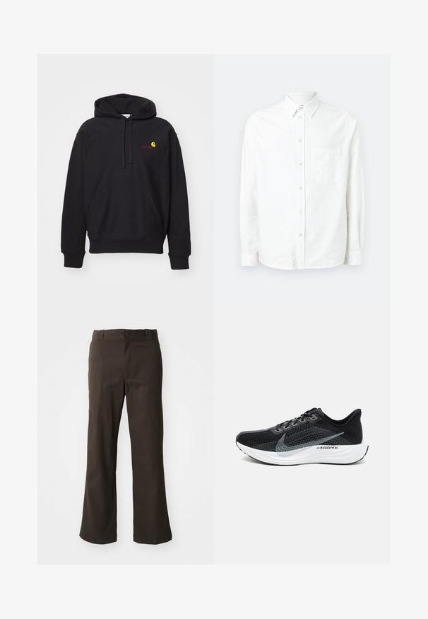 Hoodie noir en tissu mélangé coton avec une poche avant, capuche à cordon de serrage, et logo brodé rouge avec un arc jaune.; Chemise blanche à manches longues avec boutons, en tissu léger. Présente une poche poitrine, un col classique et une texture subtile.; Pantalons marron évasés avec une texture lisse, dotés d'une fermeture à bouton à l'avant et de poches sur les côtés. Design simple et droit.; Chaussure de sport noire avec une tige en mesh respirant, des accents gris, une semelle blanche rembourrée et un design élégant et épuré.