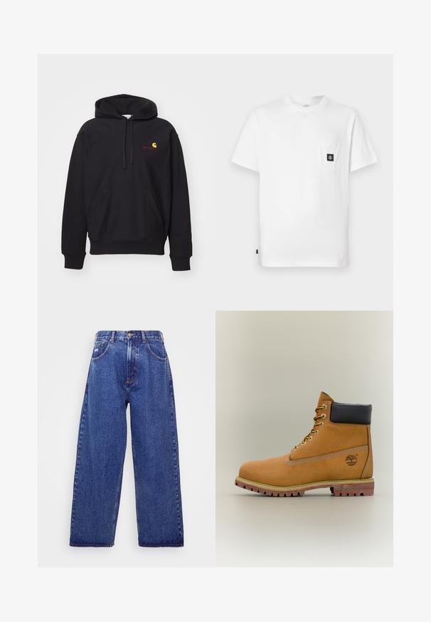 Sort hættetrøje i bomuldsblanding med en frontlomme, snøre i hætten og et rødt broderet logo med en gul bue.; Hvid bomulds T-shirt med rund halsudskæring, korte ærmer og en brystlomme med en sort logopatch. Glat tekstur, løs pasform.; Bredde ben, blå denim jeans med høj talje, der har fem lommer, knaplukning og subtile blødgøringer for tekstur.; Brun læderankelstøvle med sort krave, gule snørebånd og tanfarvet sål. Har logo og hvide syninger som detalje. Robust ydersål med greb.
