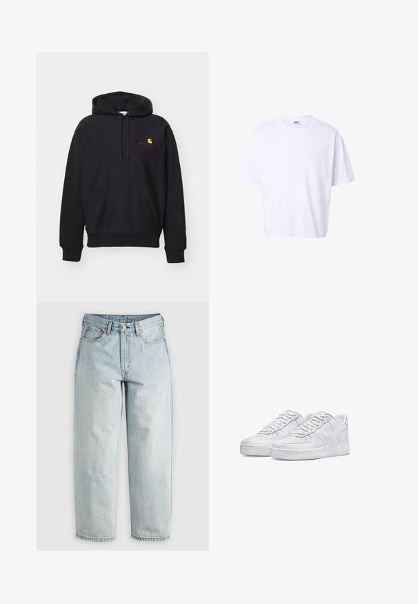 Sudadera negra de tejido de algodón con bolsillo frontal, capucha con cordón y logo bordado en rojo con un arco amarillo.; Camiseta blanca lisa de algodón, de manga corta, con cuello redondo, corte holgado y etiqueta de la marca Urban Classic dentro del cuello.; Jeans de mezclilla azul claro con pierna recta, cinco bolsillos y cierre de botón; presentan áreas desgastadas y sutiles detalles de costura.; Zapatillas de cuero blanco con puntera perforada, cordones planos y suela de goma elevada. Presenta un logo de swoosh y detalles de costura mínimos.