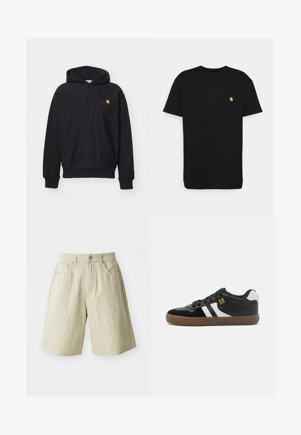 Hoodie noir en tissu mélangé coton avec une poche avant, capuche à cordon de serrage, et logo brodé rouge avec un arc jaune.; T-shirt en coton noir à manches courtes, col rond, avec un petit logo jaune sur la partie gauche de la poitrine. Design simple et coupe régulière.; Shorts à carreaux beiges en tissu léger, dotés de deux poches latérales, d'une fermeture à bouton et d'un design décontracté.; Baskets noir et blanc avec une tige en daim et en cuir, présentant des rayures blanches, des lacets noirs et une semelle en caoutchouc marron. Accents de logo dorés.