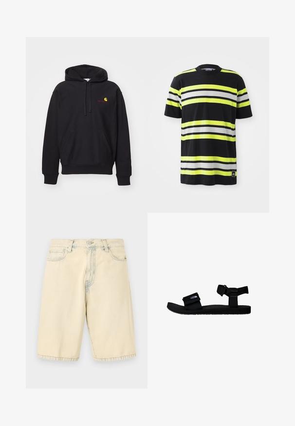 Sort hættetrøje i bomuldsblanding med en frontlomme, snøre i hætten og et rødt broderet logo med en gul bue.; Sort T-shirt med vandrette striber i neongul, hvid og sort. Har en rund halsudskæring og et Adidas-logo nederst til venstre.; Beige denimshorts med knap- og lynlås foran, bæltestropper og to forlommer, vist fladt på en hvid baggrund.; Sorte sandaler med justerbare stofremme, tekstureret gummisål og et logo-patch. Designet til komfort og udendørs brug.