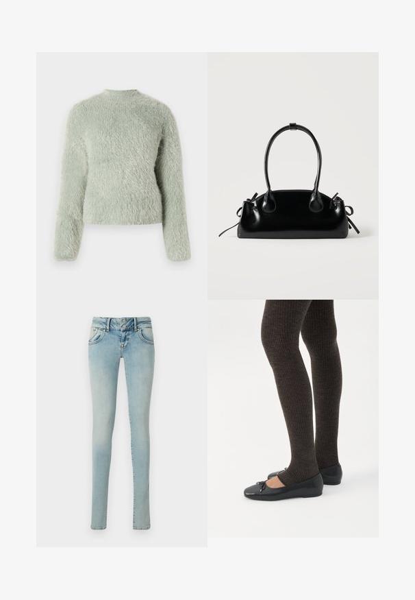 Fuzzy lys grøn sweater med lange ærmer, høj halsudskæring og en blød tekstureret overflade, der har en afslappet pasform og minimalistisk design.; Lyseblå skinny jeans med klassisk fem-lomme design, knaplukning og en falmet denimstruktur med let farvevariation.; Ben iført mørke ribbede leggings kombineret med sorte balletsko med små sløjfedetaljer på hvid baggrund.; Lille sort blank håndtaske med to lange håndtag og snøre-detaljer i siden på en ensfarvet lys baggrund.