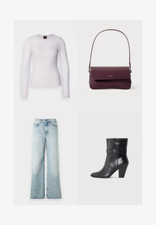 Hvid langærmet top lavet af ribstrikket stof; har rund halsudskæring og tætsiddende design med subtil tekstur og sømdetaljer.; Lyseblå vidde jeans lavet af denim, med høj talje, forkortet nederkant og en blød tekstur med falmede detaljer.; Tommy Hilfiger Højhælede støvletter - black; Bordeauxfarvet lædertaske med et struktureret design, der har en klaplukning og en justerbar rem. Logo detaljer præget på forsiden.