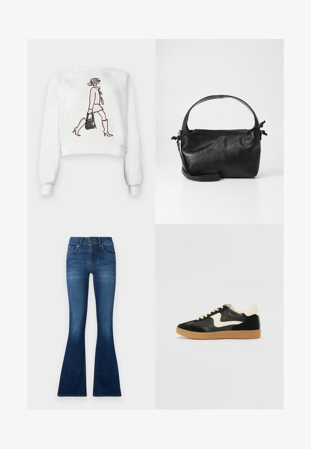 Witte cropped sweatshirt met een grafische illustratie van een vrouw in een roze jurk en oranje laarzen, die een zwarte handtas vasthoudt.; Uitgebreide jeans van donkerblauwe denim. Voorzien van een sluiting met twee knopen, vijf zakken en vervagingdetails op de benen. Standaard taillebandontwerp.; Zwarte suède en leren sneaker met een crèmekleurige zij-swoosh en lichte crèmekleurige hiel. Voorzien van beige veters en een gumrubberen zool.; Zwarte leren handtas met een gestructureerd ontwerp, een ronde bovenhandgreep en een afneembare schouderriem. Beschikt over een gladde textuur en een subtiele glans.