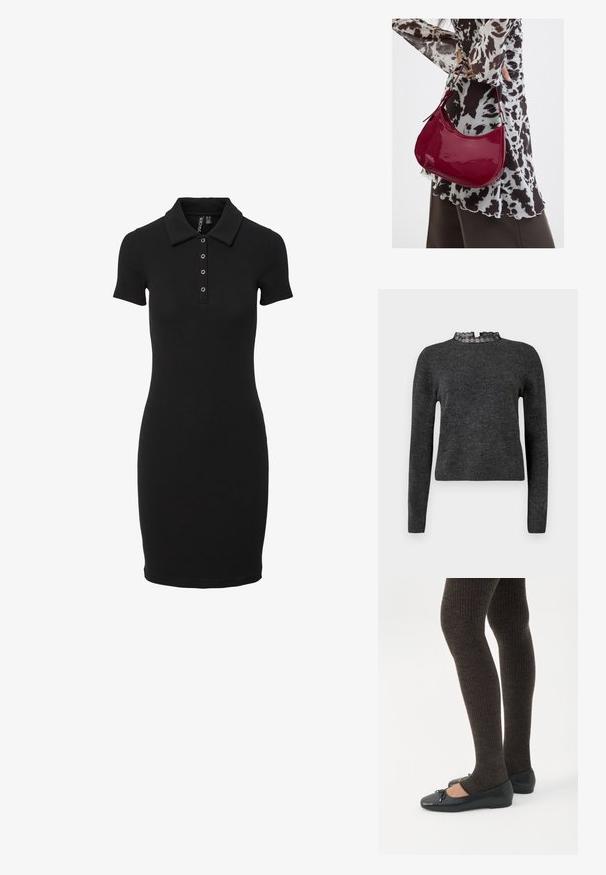 Mørkegrå sweater med lange ærmer, ribbet struktur og blondekantet halsudskæring. Stoffet virker blødt og let, velegnet til lag-på-lag. ; Sort ribstrikket polo-kjole med slank pasform, korte ærmer og krave med tre knapper på slidsen. Glat tekstur over det hele.; Ben iført mørke ribbede leggings kombineret med sorte balletsko med små sløjfedetaljer på hvid baggrund.; Kvinde iført en sort- og hvidmønstret bluse, der holder en blank rød skuldertaske mod en ensfarvet baggrund.