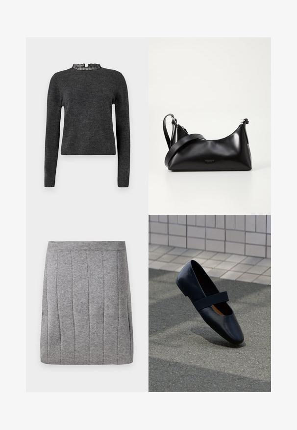 Dunkelgrauer Pullover mit langen Ärmeln, gerippter Textur und Spitzensaum am Halsausschnitt. Der Stoff wirkt weich und leicht, ideal zum Layering.; Object OBJTHESS - Minirock - medium grey; Schwarze Leder-Ballerina mit runder Zehenpartie, ausgestattet mit einem weichen schwarzen Elastikband über dem Vorderfuß. Glatte Textur und minimalistisches Design.; Schwarze lederne Handtasche mit glatter Textur. Verfügt über einen verstellbaren Riemen und ein elegantes, minimalistisches Design mit einem Reißverschluss.