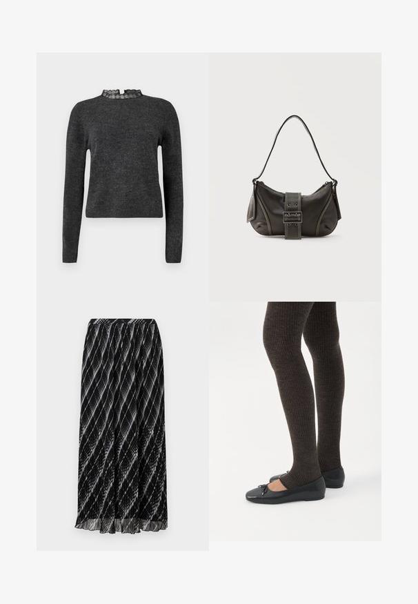 Suéter gris oscuro con mangas largas, textura acanalada y un cuello decorado con encaje. La tela parece suave y ligera, ideal para superponer.; Falda negra plisada con un patrón diagonal en blanco y gris, que presenta un tejido suave y ligero, y una cinturilla elástica.; Piernas con leggings oscuros acanalados combinados con bailarinas negras que presentan pequeños detalles de lazo sobre un fondo blanco.; Bolso de hombro de cuero negro con detalle de correa con hebilla, bordes curvos y costuras blancas en contraste sobre un fondo liso.