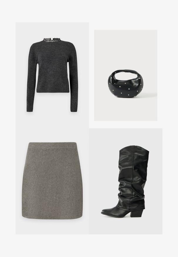 Pull gris foncé à manches longues, texture côtelée et décolleté avec dentelle. Le tissu semble doux et léger, idéal pour des superpositions.; Jupe mini en tricot gris avec une taille côtelée, texture lisse et coupe droite, conçue pour une silhouette ajustée.; Bottes noires en cuir, montantes jusqu'au genou, avec un design plissé, un bout pointu et un talon épais, présentant une texture lisse et des coutures minimales.; Sac à main en cuir noir de forme arrondie, décoré de clous argentés et équipé d'une poignée courte. Texture lisse et fermeture éclair.