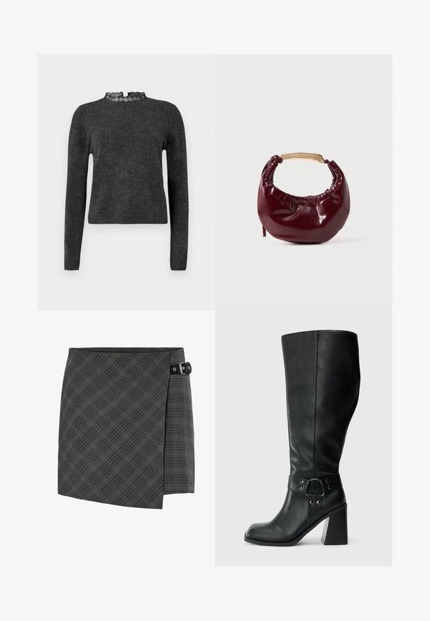 Suéter gris oscuro con mangas largas, textura acanalada y un cuello decorado con encaje. La tela parece suave y ligera, ideal para superponer.; Falda de lana a cuadros gris oscuro con detalle de hebilla negra en el lado derecho, dobladillo recto y un sutil patrón de líneas diagonales.; Botas de cuero negro hasta la rodilla con puntera cuadrada, tacón ancho y una correa decorativa con acentos metálicos alrededor del tobillo. Textura suave.; Bolso de mano de piel sintética burdeos con forma redondeada, detalles fruncidos y un asa de metal dorado. Textura suave y acabado brillante.