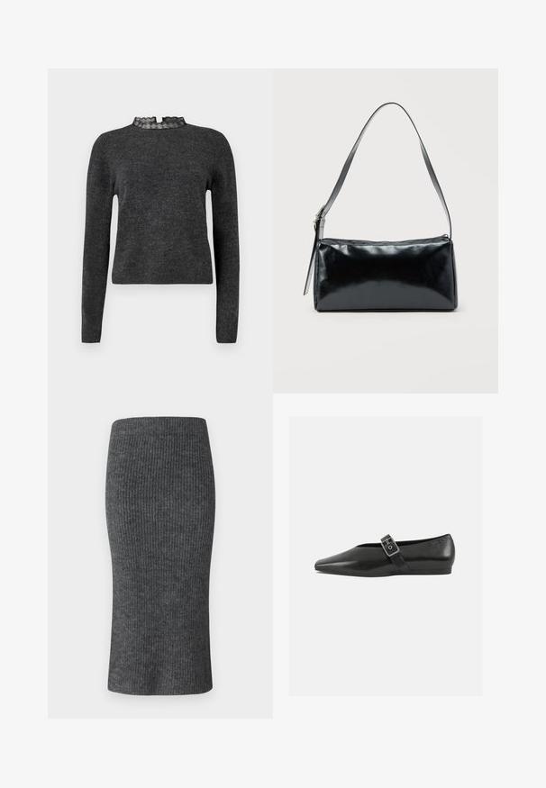 Mørkegrå sweater med lange ærmer, ribbet struktur og blondekantet halsudskæring. Stoffet virker blødt og let, velegnet til lag-på-lag. ; Grå ribbet blyantskørt med en tætsiddende facon, høj talje og glat tekstur. Designet til en strømlinet silhuet.; Sorte læder flade sko med spidse tæer, prydet med en metallisk spænde over vristen og en lav, fleksibel sål.; Sort rektangulær skuldertaske med en enkelt justerbar rem og lynlås i toppen på en ensfarvet baggrund.