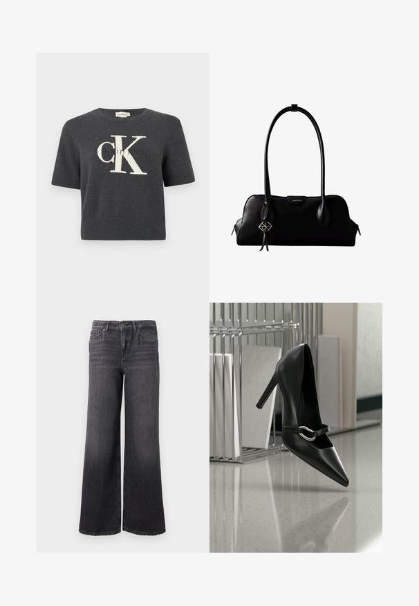 Grå kortærmet sweater med en stor hvid "CK"-logo foran, ribstrikket halsudskæring og kant forneden. Blød strikket tekstur.; Bredde ben mørkegrå denimjeans med en subtil falmning, der har knaplukning, fem lommer og en lige kant ved anklen.; Sort spids højhælet sko med en sølvspænde, placeret på en reflekterende overflade nær en metalfilorganisator med papirer.; Sort lædertaske fra Calvin Klein med lange håndtag, en forside-logo-tag og en sølv geometrisk vedhæng, der hænger fra det ene håndtag.