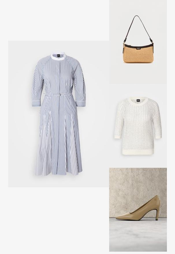 Weißer strukturierten Pullover mit einem Strickmuster, runder Halsauschnitt, drei Viertelärmel und kontrastierenden Rippenbündchen und Saum. Markenlabel: BOSS.; Gestreiftes Kleid in Weiß und Blau mit Rundhalsausschnitt, dreiviertelärmeln, taillierten Gürtel und plissiertem Rock.; Beiger High-Heel-Schuh mit spitzer Spitze und kleinem goldfarbenem Emblem, aufrecht stehend auf reflektierender Oberfläche neben einem Metall-Organizer für Akten.; Kleine beige gewebte Handtasche mit schwarzem Besatz, schwarzem Schultergurt, goldem Reißverschluss und BOSS-Logo in der Mitte vorne.