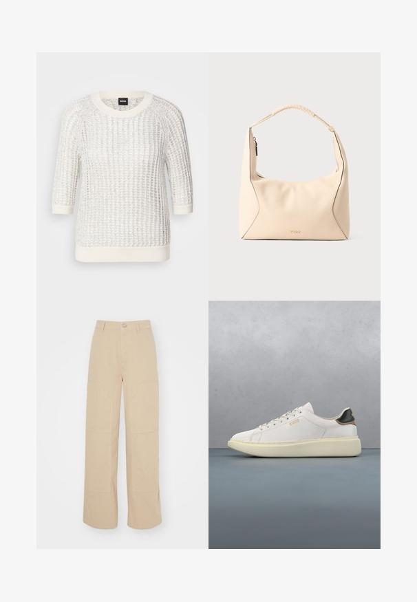 Pull en maille blanc texturé avec un motif tricoté, encolure ronde, manches trois-quarts, et bords côtes contrastés aux poignets et à l'ourlet. Étiquette de marque : BOSS.; Pantalons larges beiges en coton. Présente deux grandes poches avant et une fermeture à bouton en métal à la taille. Texture lisse.; Basket blanche avec un upper en cuir lisse, dotée d'une languette de talon en cuir beige et noir, de lacets ronds et d'une semelle en caoutchouc beige épaisse. Détail du logo doré.; Sac à main en cuir couleur crème avec poignée tressée et fermeture éclair dorée, avec un logo "HUGO" embossé subtil au centre avant.