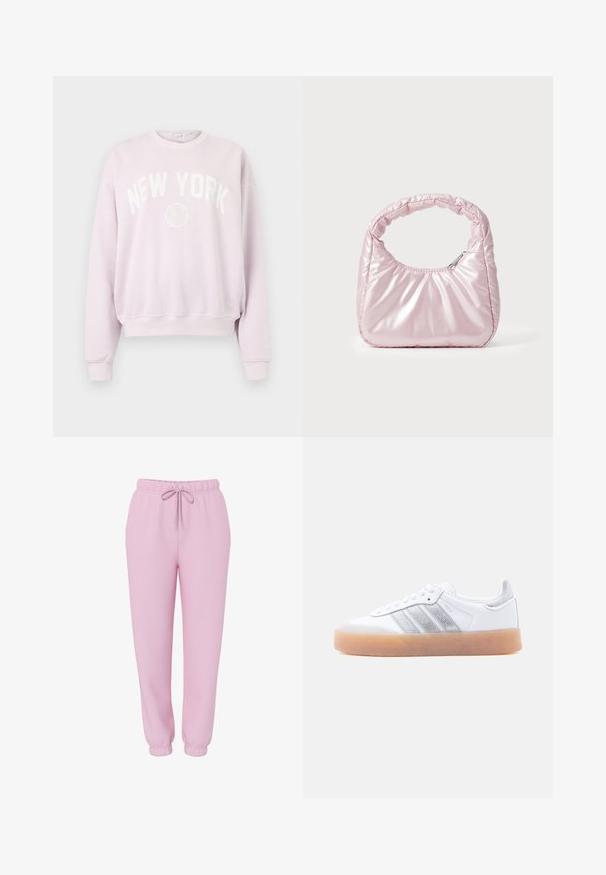 Good American BRUSHED GRAPHIC CREW NEW YORK - Sweater - candy pink; Lichtroze joggingsbroek met elastische tailleband, trekkoord, zijzakken en elastische boorden, afgebeeld op een witte achtergrond.; Witte lage sneaker met gumzool, zilverkleurige gestreepte zijkanten en veterluiting, afgebeeld tegen een effen lichte achtergrond.; Roze, gevoerde handtas met een afgeronde vorm, gemaakt van glanzend materiaal. Beschikt over een geplooide handgreep en een ritssluiting voor veilige toegang.