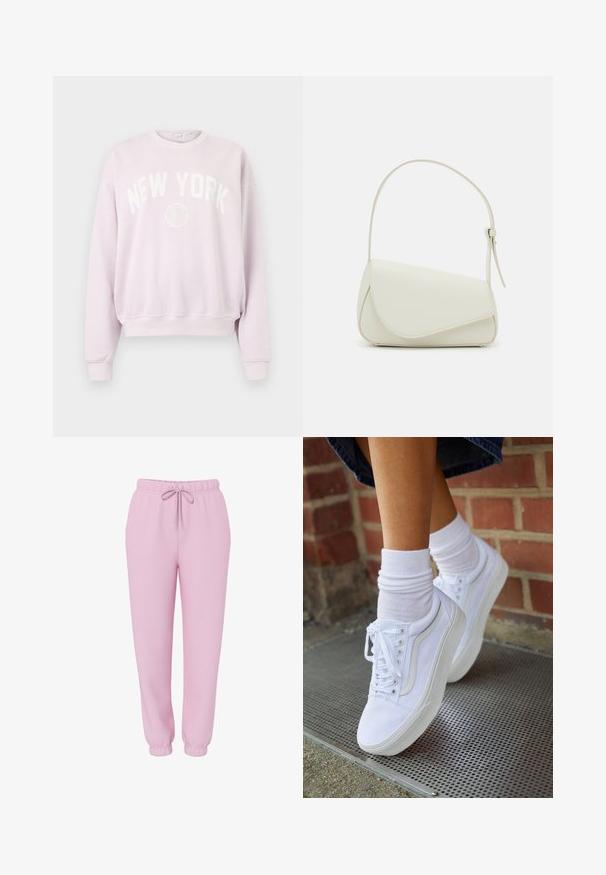 Good American BRUSHED GRAPHIC CREW NEW YORK - Sweatshirt - candy pink; Hellrosa Jogginghose mit elastischem Bund, Kordelzug, Seitentaschen und elastischen Bündchen, abgebildet auf weißem Hintergrund.; Weiße Leinensneaker mit Gummisohlen, ausgestattet mit sechs Ösen, runder Zehenpartie und dezenten Nähten, kombiniert mit weißen Knöchelsocken.; Weiße Kunstleder-Handtasche mit einer strukturierten dreieckigen Form, einem verstellbaren Einzelgurt und einem Klappenverschluss mit geschwungenen Akzenten.