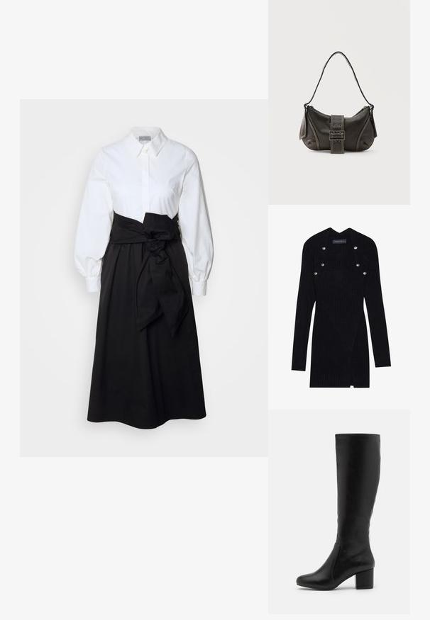 Zwarte geribde lange mouw jurk met een getailleerd silhouet. Bevat een vierkante halslijn en zilveren drukknoopaccenten op de schouder.; Witte blouse met lange pofmouwen, gecombineerd met een zwarte rok en een stoffen riem die op de taille is geknoopt, gemaakt van gladde katoen.; Knielange zwarte leren laarzen met een gladde textuur, ronde neus, zijpaneel en een chunky blokhak.; Zwarte leren schoudertas met gespsluiting aan de riem, afgeronde hoeken en contrasterende witte stiksels op een effen achtergrond.