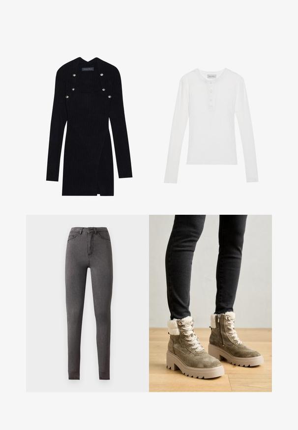 Robe noire à manches longues côtelée avec une silhouette ajustée. Présente un décolleté carré et des accents de boutons-pression argentés sur l'épaule.; Chemise blanche à manches longues avec une texture côtelée, un col rond, une patte de boutonnage à trois boutons et un tissu doux. Étiquette de la marque visible au niveau du col.; Jean slim gris foncé taille haute en denim, avec poches devant et derrière, fermeture par boutons et détails de couture visibles.; Bottines en daim vert olive avec garniture en fourrure synthétique, quincaillerie en argent et semelle plateforme beige chunky. Dispose de lacets et d'une fermeture éclair sur le côté.