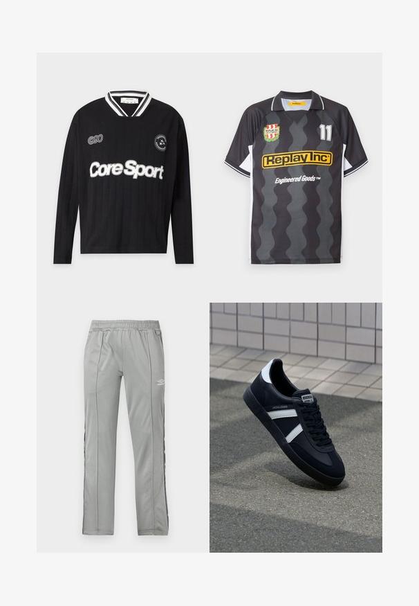 T-shirt de sport noir à manches longues avec col rayé blanc, texte ""Core Sport"" à l'avant, et petites pièces sur la zone de la poitrine.; Maillot de football à manches courtes à rayures ondulées noires et grises avec panneaux latéraux blancs, logo Replay Inc, numéro 11 et blason du club sur la poitrine.; Pantalons de sport Umbro gris clair avec taille élastique et bandes latérales noir et blanc, présentés sur un fond blanc.; Sneaker en cuir noir avec des rayures blanches, semelle en caoutchouc texturée et devant à lacets. Présente une étiquette de marque sur la languette.