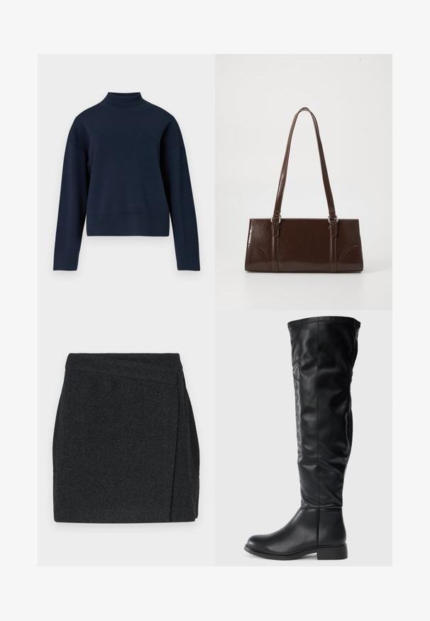 Mørkeblå turtleneck sweater med afslappet pasform, lange ærmer og ribbet krave og kant; lavet af blødt, struktureret strikkemateriale.; Sort nederdel med fiskebensmønster og omslagsdesign, med en ren finish og tekstureret stof. Længde til midten af låret.; Sorte knæhøje støvler lavet af glat læder, med rund tå, lav blokhæl og en let skråning på skaftet med syninger.; Brun lakeret håndtaske med rektangulær form, to lange håndtag og subtile buede detaljer på fronten.