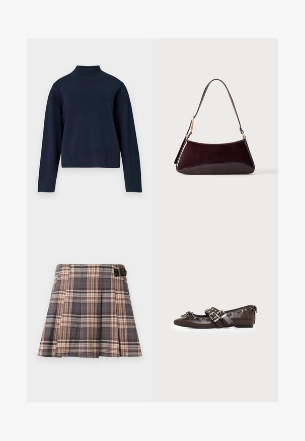 Mørkeblå turtleneck sweater med afslappet pasform, lange ærmer og ribbet krave og kant; lavet af blødt, struktureret strikkemateriale.; Rutig nederdel i grå, beige og rustfarver; har plisseringer, en spænde detalje og et struktureret design. Fremstillet af et vævet stof.; Mørkebrune lædersko med flad sål og spids snude, dobbelt sølvsnørrebånd, metaløjer og dekorativ sløjfe foran.; Mørkebrun, blank læderhåndtaske med enkelt skulderrem og guldfarvede hardwaredetaljer mod en ensfarvet baggrund.