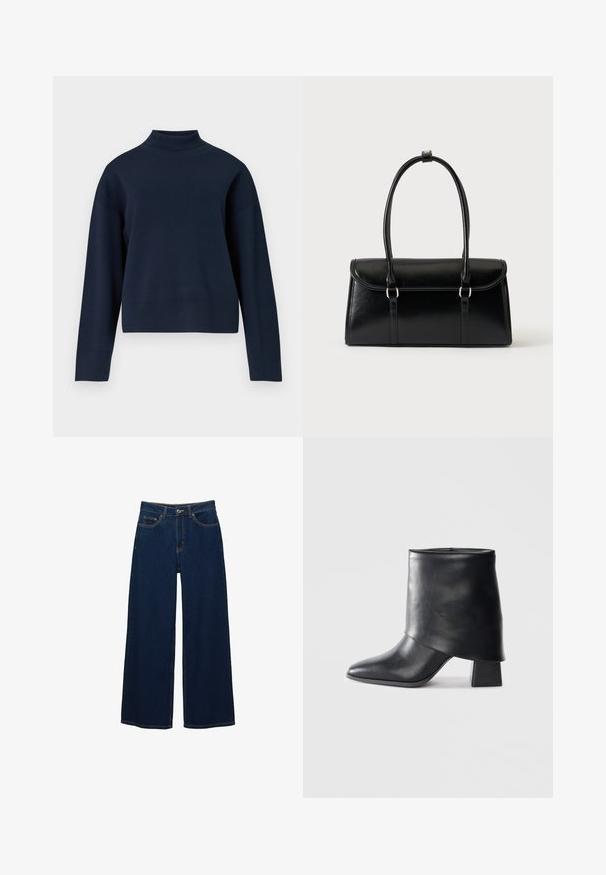 Mørkeblå turtleneck sweater med afslappet pasform, lange ærmer og ribbet krave og kant; lavet af blødt, struktureret strikkemateriale.; Mørkeblå vidde jeans i denim; har forlommer og knaplukning; fremtrædende syninger langs sømmene; ingen mønstre eller udsmykninger.; Sort læder ankelstøvle med spids tå, glat tekstur og en struktureret blokhæl. Har et højt, foldet kravedesign.; Sort rektangulær læderhåndtaske med klaplukning og to lange håndtag mod en ensfarvet hvid baggrund.
