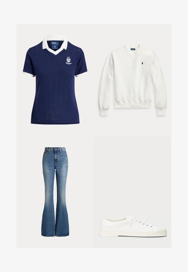 Sweat-shirt blanc à manches longues avec col rond, poignets et bas côtelés, avec un petit logo brodé foncé sur la poitrine gauche.; Polo bleu marine à manches courtes avec col et poignets blancs, logo Wimbledon 1877 sur la poitrine gauche, par Polo Ralph Lauren.; Jean en denim bleu taille haute avec jambes évasées et légère décoloration sur la partie avant des cuisses, présenté sur fond blanc.; Sneaker en toile blanche avec un bout rond, fermeture lacée et un détail de logo discret. Caractéristiques d'un tissu texturé et d'une semelle en caoutchouc.