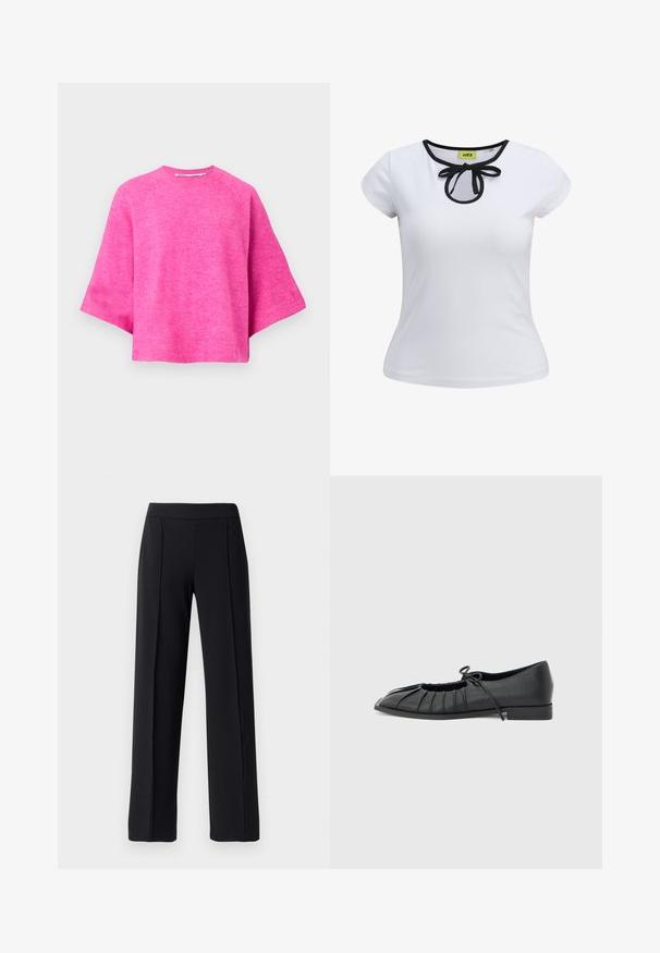 Pull court rose en tricot doux, avec un col rond et des manches larges et courtes. Texture lisse avec un design simple.; T-shirt blanc à manches courtes avec un bord noir autour de l'encolure et un détail en nœud au centre. Fait en tissu de coton lisse.; Pantalons noirs ajustés avec une coupe évasée, fabriqués dans un tissu lisse et extensible ; dotés de plis sur le devant et d'une taille élastique.; Chaussure plate noire avec design plissé à l'avant et un nœud noué sur le dessus, petit talon, et texture lisse sur un fond gris clair.
