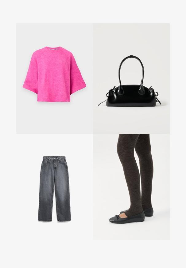 Roze cropped sweater van zacht breiwerk, met een ronde hals en brede, korte mouwen. Glad textuur met een eenvoudig ontwerp.; Donkergrijze rechte jeans met voorzakken, riemlussen, knoop en ritssluiting.; Benen met donkere geribbelde leggings gecombineerd met zwarte ballerina's met kleine strikdetails op een witte achtergrond.; Kleine zwarte glanzende handtas met twee lange hengsels en zijkant trekkoord details op een effen lichte achtergrond.