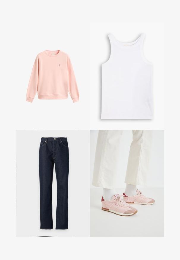 Hele roosa crewneck-stiilis dressipluus pikkade varrukatega ja väikese tikitud logoga vasakul rinnal.; Valge puuvillane tank top, laiade õlavarretrippide ja ümmarguse kaelusega, sujuva ja ribakujulise tekstuuriga. Ilma mustrite ja aktsentideta.; Tumedat sinised teksad sirge lõikega, millel on nööp ja lukuga sulgus, viie-tasku disain ja kontrastsetest õmblustest detailid.; Roosa spordijalatsid, millel on sujuvate ja tekstureeritud materjalide kombinatsioon. Omadusteks on marooni värvi aktsent kanna juures ja valgest kummist välistald.