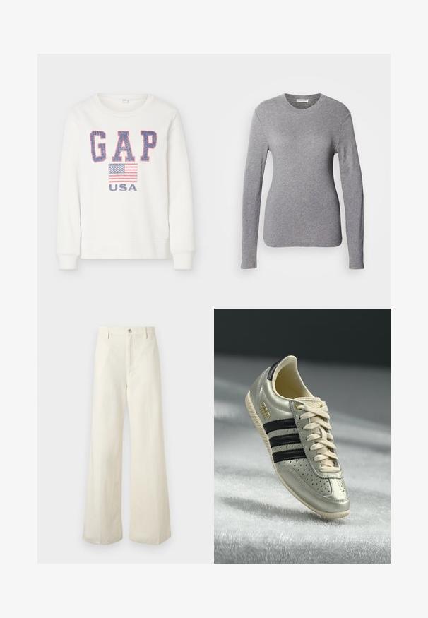 Hvid sweatshirt med blå og røde "GAP"-bogstaver, et amerikansk flag grafik og teksten "USA" nedenunder foran.; Langærmet grå skjorte lavet af blødt stof, med en rund halsudskæring og en tætsiddende design. Glat tekstur uden synlige mønstre eller accents.; Off-white bukser med vide ben, bæltestropper, forrest knaplukning og synlige forreste sømdetaljer, vist på en neutral baggrund.; Lys grå lædersneaker med sorte striber, perforerede detaljer, beige snørebånd og et guld logo-patch. Tekstureret gummisål.