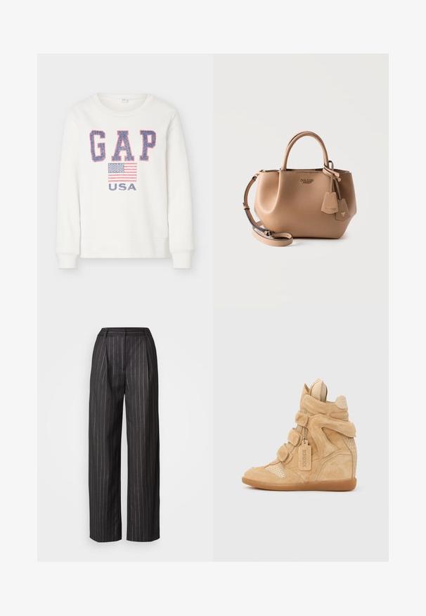 Sweat blanc avec les lettres "GAP" en bleu et rouge, un motif du drapeau américain et le texte "USA" en dessous sur le devant.; Pantalons noirs à rayures avec un design à jambes larges, devant plissé et texture lisse. Comprend une taille et pas de poches visibles.; Baskets compensées en daim fauve avec trois sangles Velcro, bout perforé, talon clouté et une étiquette suspendue portant l'inscription "BRONX" sur fond blanc.; Sac à main Guess en cuir marron clair avec double poignée supérieure, bandoulière amovible et deux étiquettes de marque suspendues sur fond blanc.