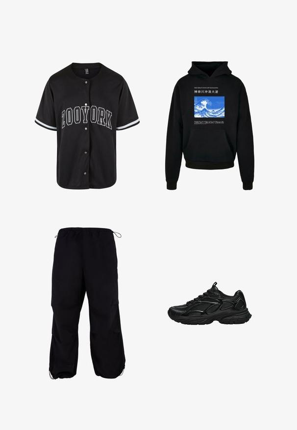 Schwarzer Hoodie mit einer Fronttasche. Verfügt über ein blau-weißes Wellenmuster mit Text darüber und darunter. Hergestellt aus weichem Stoff, mit gerippten Bündchen und Saum.; Schwarzes kurzärmliges Trikot mit Knopfverschluss, "ZOOYORK" in fetten weißen Buchstaben gedruckt, mit kontrastierenden weißen Streifen an den Ärmeln.; Schwarze, locker sitzende Cargo-Hosen mit elastischem Bund und verstellbarem Kordelzug. Mit Reißverschlusstaschen und Bündchen an den Knöcheln.; Schwarzer Sportschuh mit Mesh- und synthetischem Obermaterial, dicker gepolsterter Sohle und Schnürverschluss, seitlich auf weißem Hintergrund gezeigt.