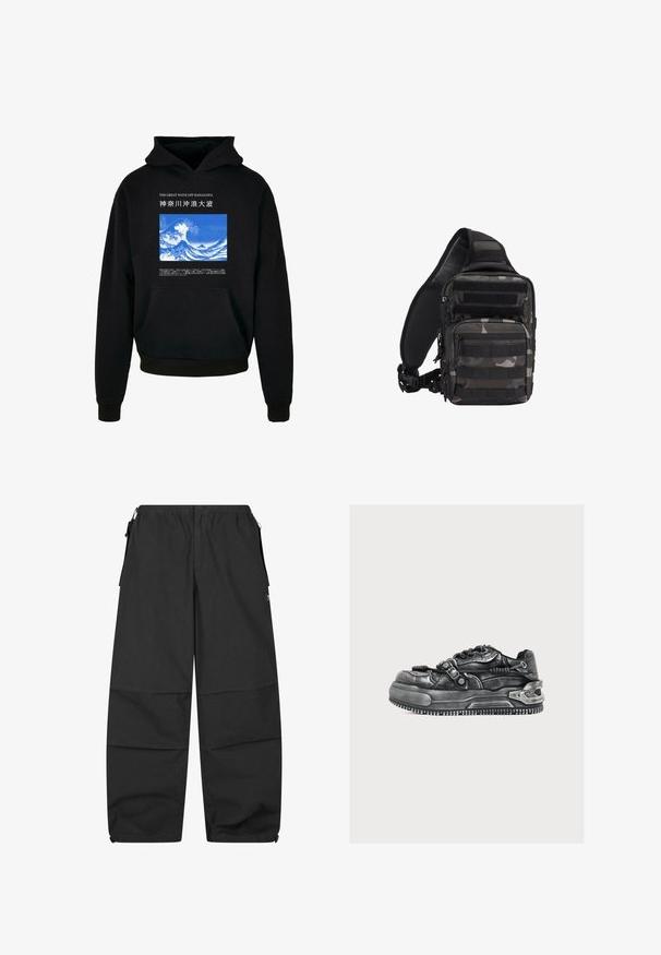 Sudadera negra con un bolsillo frontal. Presenta un gráfico de olas en azul y blanco con texto arriba y abajo. Hecha de tela suave, con puños y dobladillo de canalé.; Pantalones de algodón negros con una cintura elástica, dos bolsillos laterales y un corte relajado. Presenta costuras y un diseño minimalista.; Zapatilla futurista negra con suela gruesa, hebilla metálica y detalles en cuero texturizado sobre un fondo claro y sencillo.; Bolsa táctica de bandolera compacta en camuflaje negro y gris con múltiples compartimentos con cremallera y correa de hombro acolchada y ajustable.