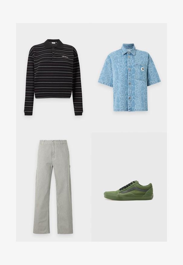 Polo de manga larga negro con finas rayas horizontales blancas y moradas, dos botones y un pequeño logo blanco en el pecho izquierdo.; Camisa de mezclilla de manga corta en azul claro con un estampado animal texturizado, que presenta un cierre de botones en la parte delantera y un bolsillo único en el pecho.; Pantalones de hombre de corte recto con finas rayas verticales en blanco y negro, cierre de botones, trabillas para cinturón y bolsillos laterales.; Zapatillas de lona verdes con cordones negros y una franja lateral. Presentan una punta redondeada, suela de goma y costuras blancas en contraste. Diseño clásico de zapatilla.