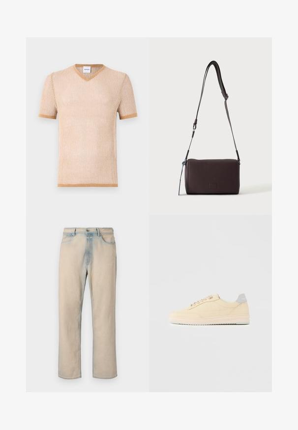 Beige gestricktes Kurzarm-V-Ausschnitt-T-Shirt mit gerippter Textur und kontrastierendem braunem Saum entlang des Kragens und der Ärmel.; Helle beige Jeans aus Denim mit geradem Bein, verblassten blauen Akzenten, fünf Taschen und einem Knopfverschluss an der Taille.; Beiger Sneaker in niedrigem Design mit Schnürverschluss vorne, hellrosa Sohle und grauem Fersenlasche mit der Marke "Filling Pieces", seitlich auf neutralem Hintergrund gezeigt.; Dunkelbraune, strukturierte Leder-Crossbody-Tasche mit verstellbarem Riemen und kleinem dekorativen blauen Akzent an der Seite.