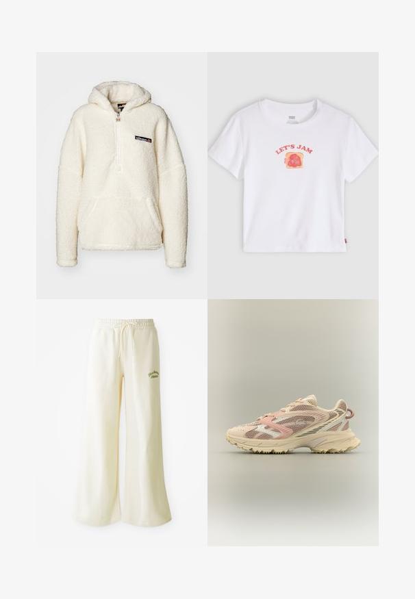 Ellesse ZEPPY - Jersey con capucha - off white; Camiseta blanca de manga corta con un gráfico de una tostada untada con mermelada roja y el texto "LET'S JAM" encima en letras rojas.; Pantalones de chándal anchos color crema con cintura elástica y cordón ajustable. Texto bordado en verde "Athletic" en la parte frontal. Tejido suave.; Zapatilla de correr con parte superior de malla en tonos rosa, beige y crema, refuerzos sintéticos, suela gruesa y suela texturizada para agarre, vista lateral.