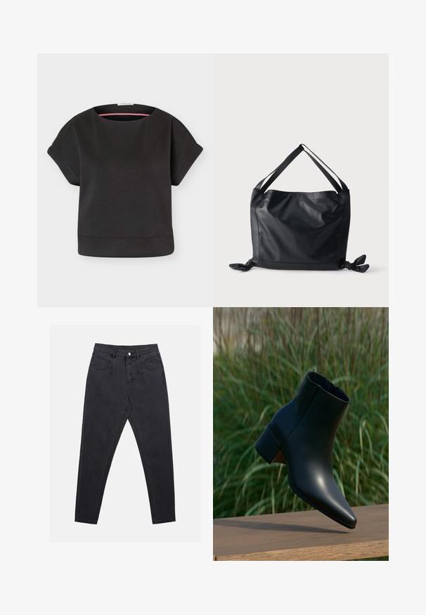 Sort loose-fit top med korte ærmer med opkrogede manchetter og en bred rund halsudskæring, vist på en ensartet lys baggrund.; Sorte denimjeans med en slim fit, høj talje, fem-lomme design og bæltestropper. Teksturen er glat med minimal syningsdetalje.; Sort læderankelstøvle med blokhæl, spids tå, vist over et trægulv med grøn sløret græs i baggrunden.; Sort læder skuldertaske med brede stropper og knudede detaljer i hvert nederste hjørne mod en ensartet lys baggrund.