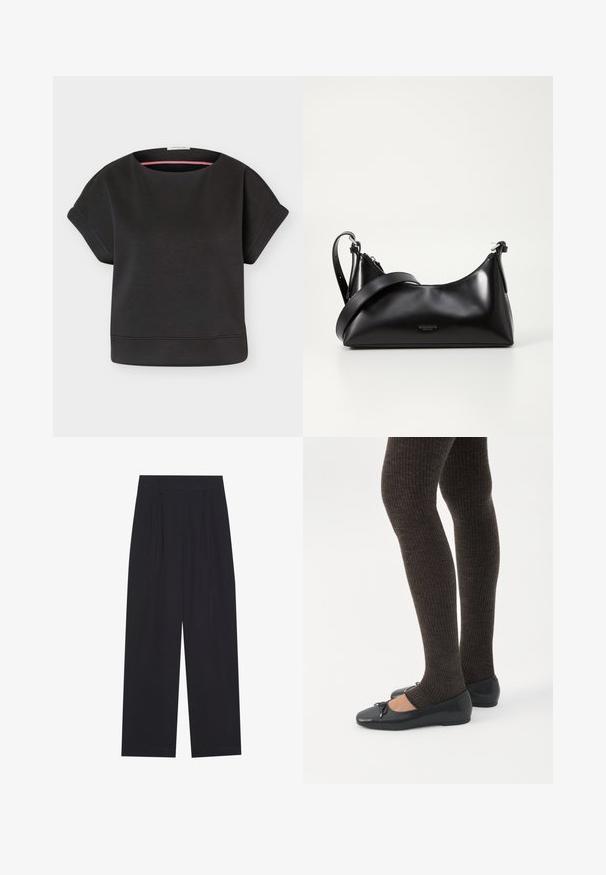Top negro de manga corta y corte holgado con puños doblados y un amplio escote redondo, mostrado sobre un fondo claro y liso.; Pantalones anchos negros de tela suave, con pliegues, cinturilla plana y sin bolsillos ni adornos visibles.; Piernas con leggings oscuros acanalados combinados con bailarinas negras que presentan pequeños detalles de lazo sobre un fondo blanco.; Bolso de mano de cuero negro con una textura suave. Cuenta con una correa ajustable y un diseño elegante y minimalista con cierre de cremallera.