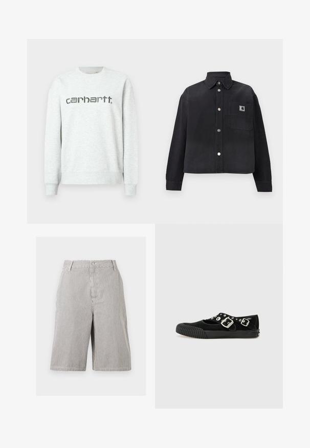 Sudadera gris claro con cuello redondo, puños y dobladillo de canalé. Presenta el logo "carhartt." impreso en gris oscuro en la parte delantera.; Chaqueta negra de manga larga con botones, con cuello y bolsillo frontal en el pecho que presenta un pequeño parche de logo cuadrado en el lado derecho.; Pantalones cortos tipo Bermuda con finas rayas verticales en blanco y negro, cierre frontal con botones, presillas para cinturón y bolsillos laterales.; Vans MARY JANE - Bailarinas - black